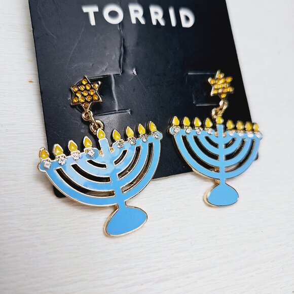 Torrid Hanukkah Menorah Earrings Pierced Blue w/ rhinestone - Picture 3 of 5